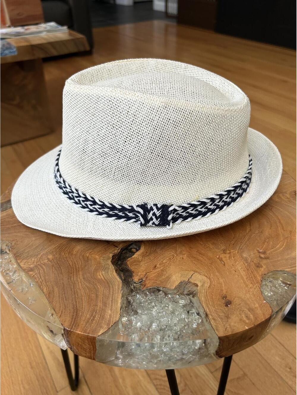 White Woven Straw Fedora Hat with Navy Braided Band Size 62